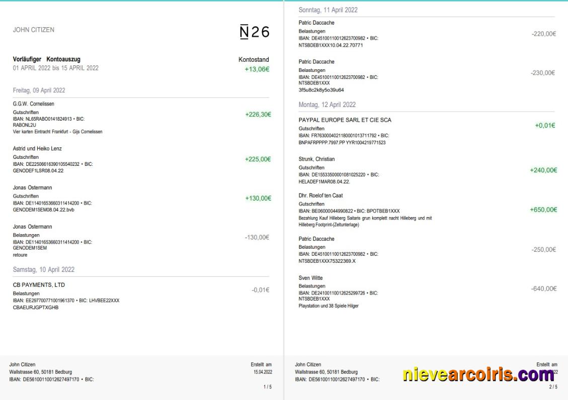 Germany N26 bank statement 5 pages